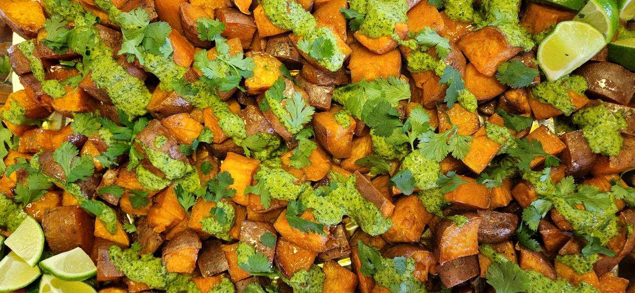 Chopped sweet potatos with sauce